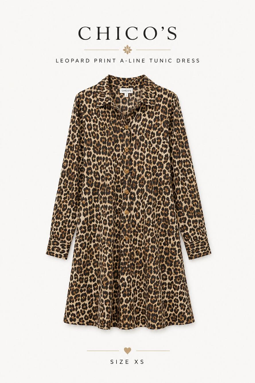 Chico’s Leopard Print Tie Neck Shift Dress Size 0 (US Small) Long Sleeve